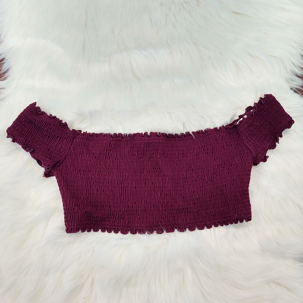 PINK Victoria's Secret Off the Shoulder Stretchy Ruffle Bralette Crop Top Maroon